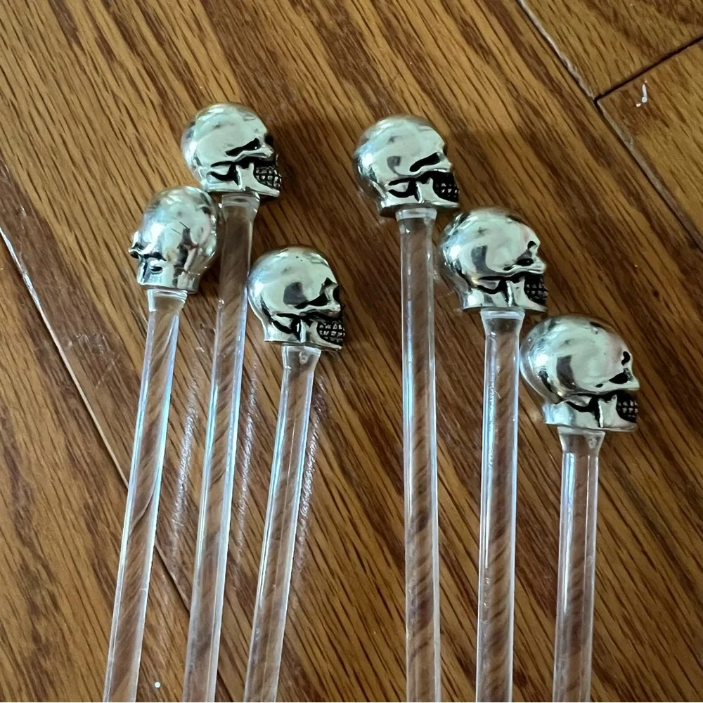 Lot of 6 Skull Cocktail Drink Stir Sticks - Silver Stirrer
